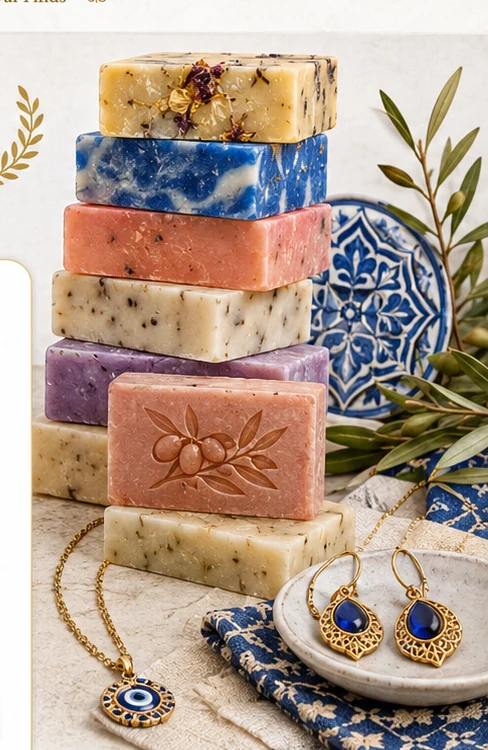 Stack of handmade soaps beside blue and gold jewelry